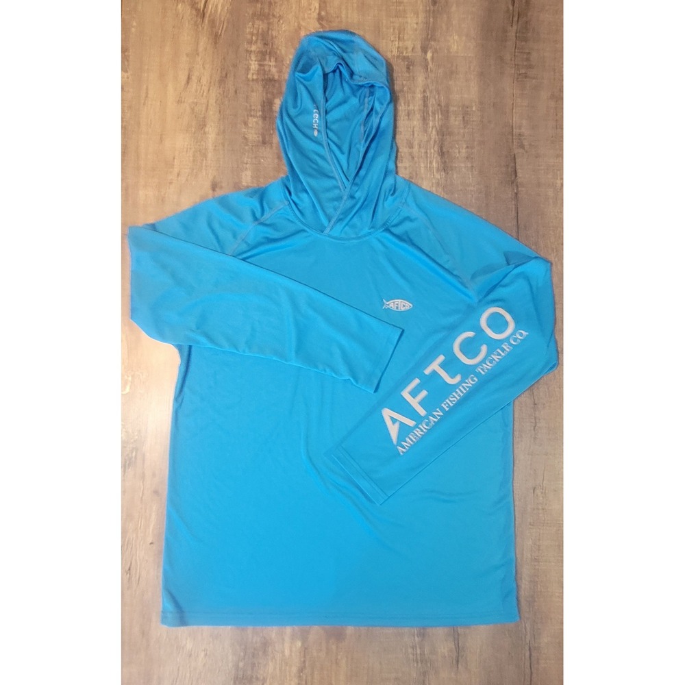 AFTCO Samurai Blue Performance Fishing Hoodie Sun Shirt UPF 40 Mens Large